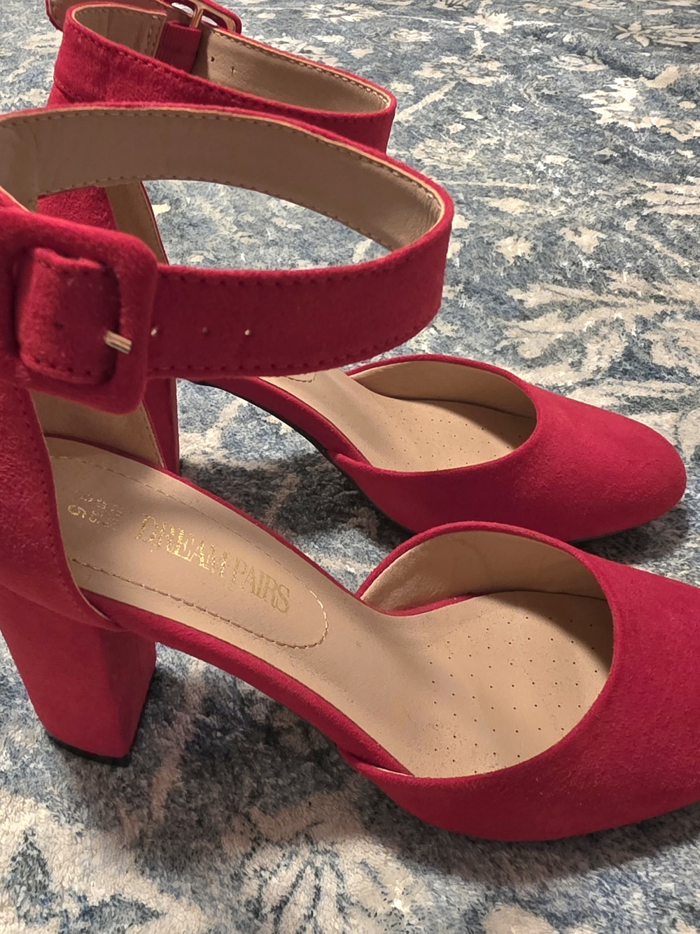 Red Suede Ankle-Strap Block Heels